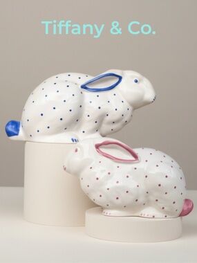 Tiffany & Co. Ceramic Bunny piggybanks Set boy girl pink blue polka dots w/ keys